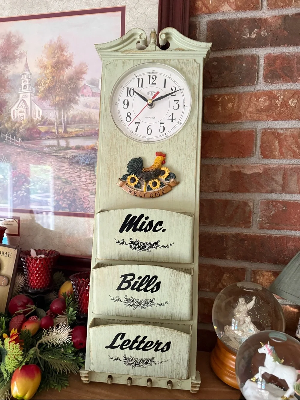 Vintage-Style Cream Wall Mail Organizer with Clock and Rooster Accent